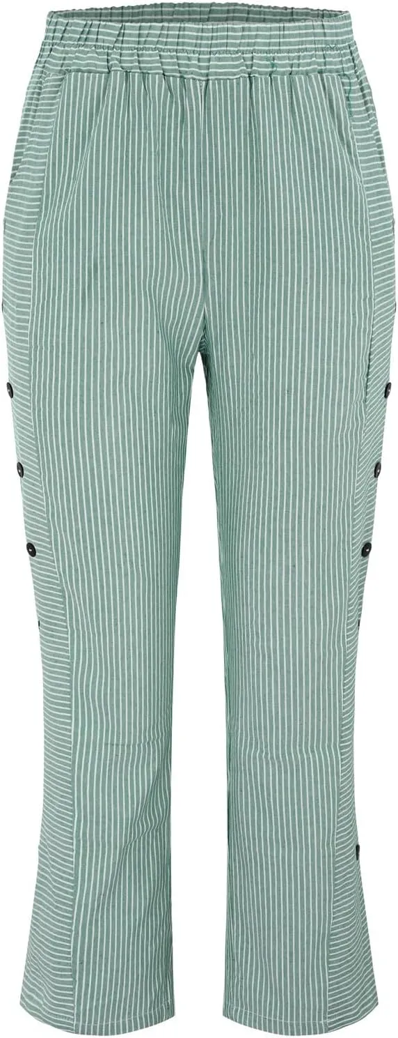 Summer Pants for Women Striped Printed Side Button Pants Baggy Elastic Waist Straight Leg Trousers with Pocket