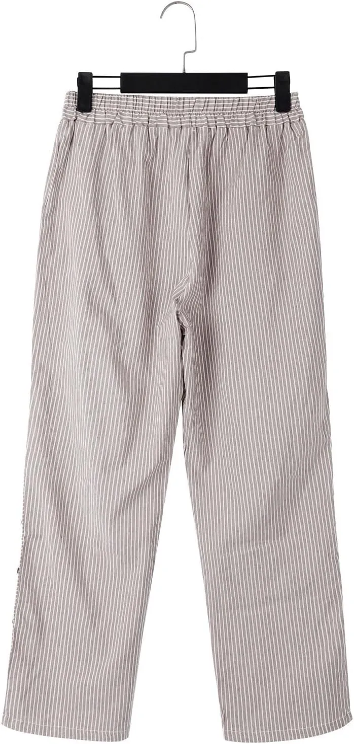 Summer Pants for Women Striped Printed Side Button Pants Baggy Elastic Waist Straight Leg Trousers with Pocket