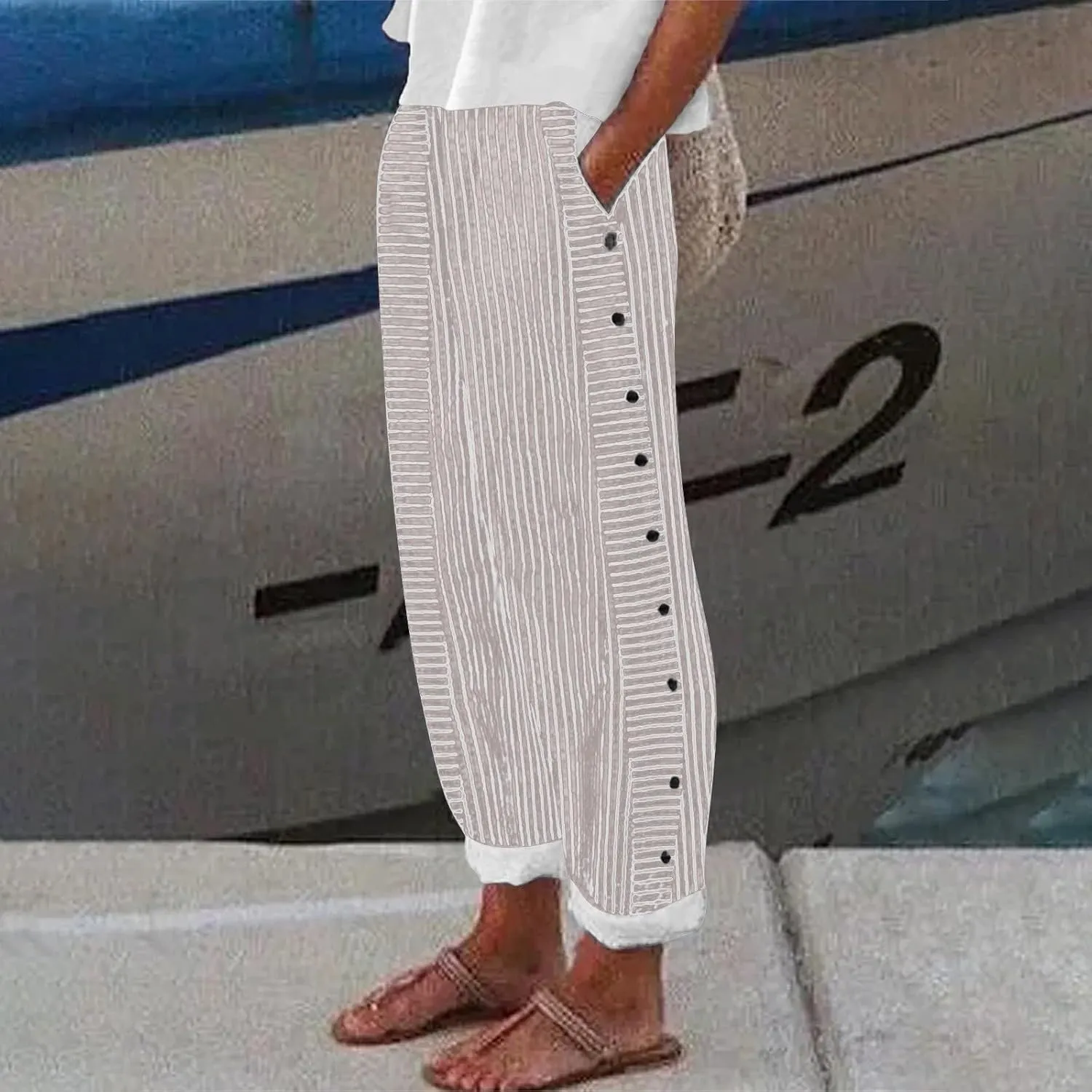 Summer Pants for Women Striped Printed Side Button Pants Baggy Elastic Waist Straight Leg Trousers with Pocket