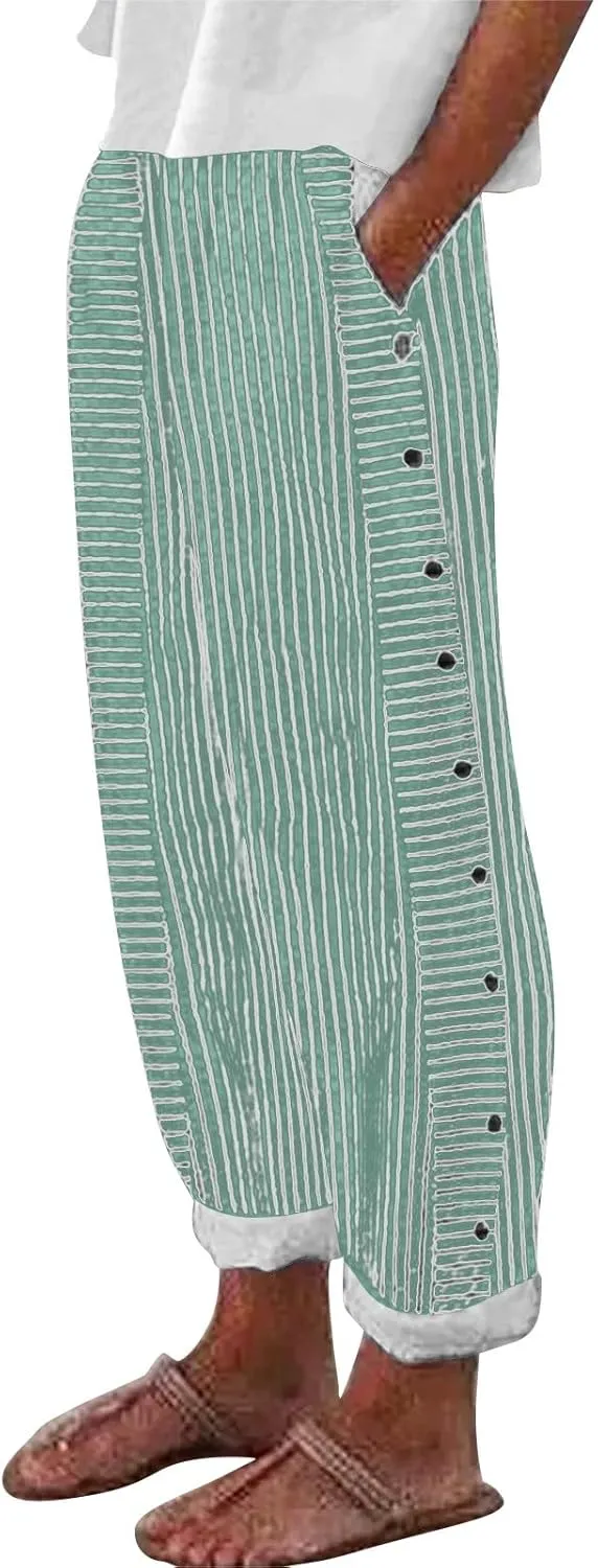 Summer Pants for Women Striped Printed Side Button Pants Baggy Elastic Waist Straight Leg Trousers with Pocket