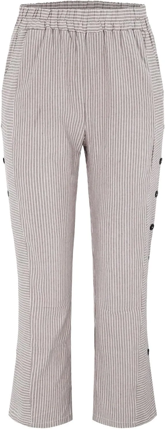 Summer Pants for Women Striped Printed Side Button Pants Baggy Elastic Waist Straight Leg Trousers with Pocket