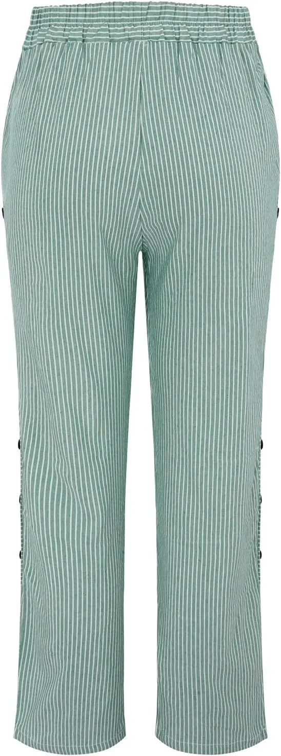Summer Pants for Women Striped Printed Side Button Pants Baggy Elastic Waist Straight Leg Trousers with Pocket