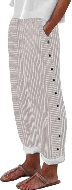 Summer Pants for Women Striped Printed Side Button Pants Baggy Elastic Waist Straight Leg Trousers with Pocket