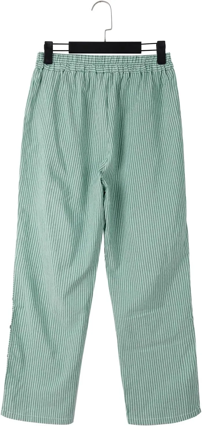 Summer Pants for Women Striped Printed Side Button Pants Baggy Elastic Waist Straight Leg Trousers with Pocket