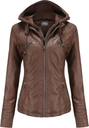 Tagoo Faux Leather Jacket Women Motorcycle Coat for Biker with Removable Hood Plus Size