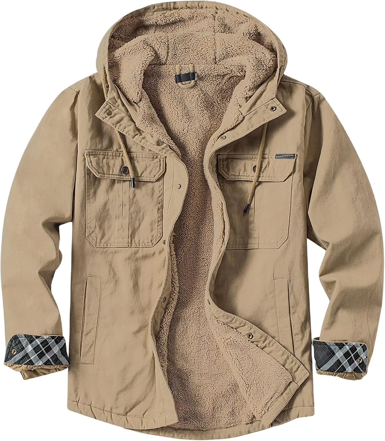 Thatrich Men's Sherpa Lined Jacket Fleece Hooded Coat Oversized Warm Jackets Button Down Coats Loose Overcoat Casual Outwears