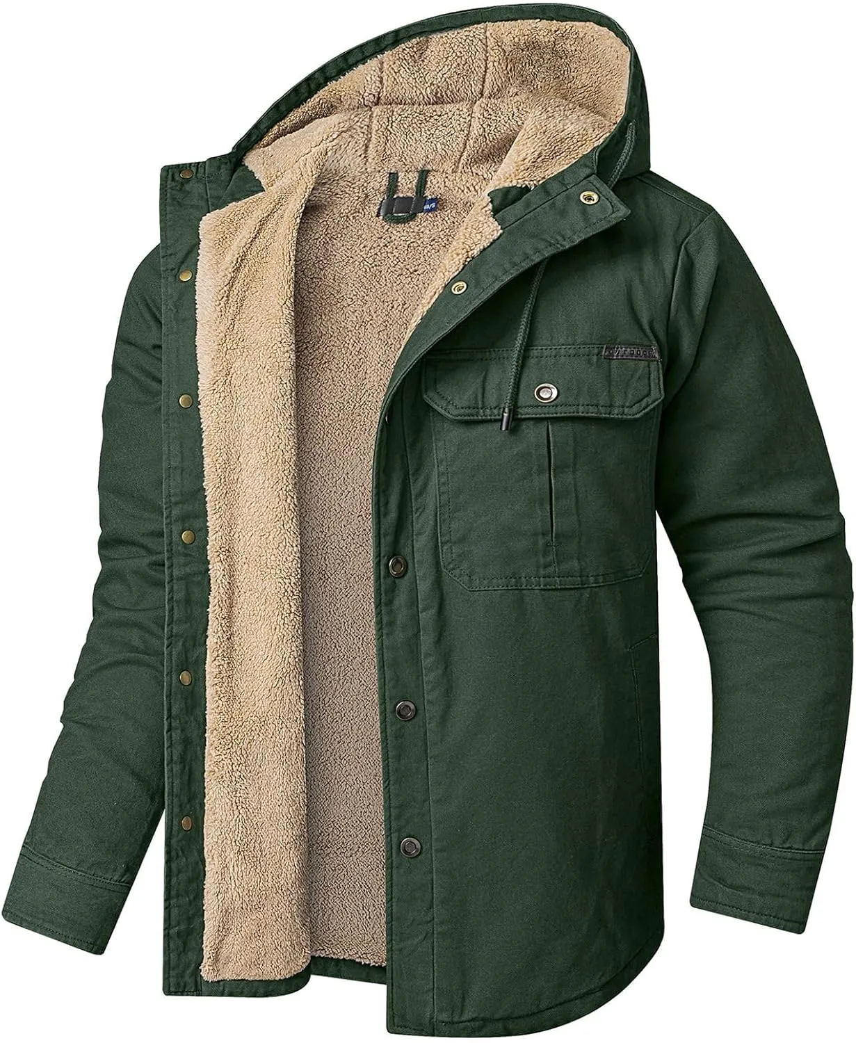 Thatrich Men's Sherpa Lined Jacket Fleece Hooded Coat Oversized Warm Jackets Button Down Coats Loose Overcoat Casual Outwears