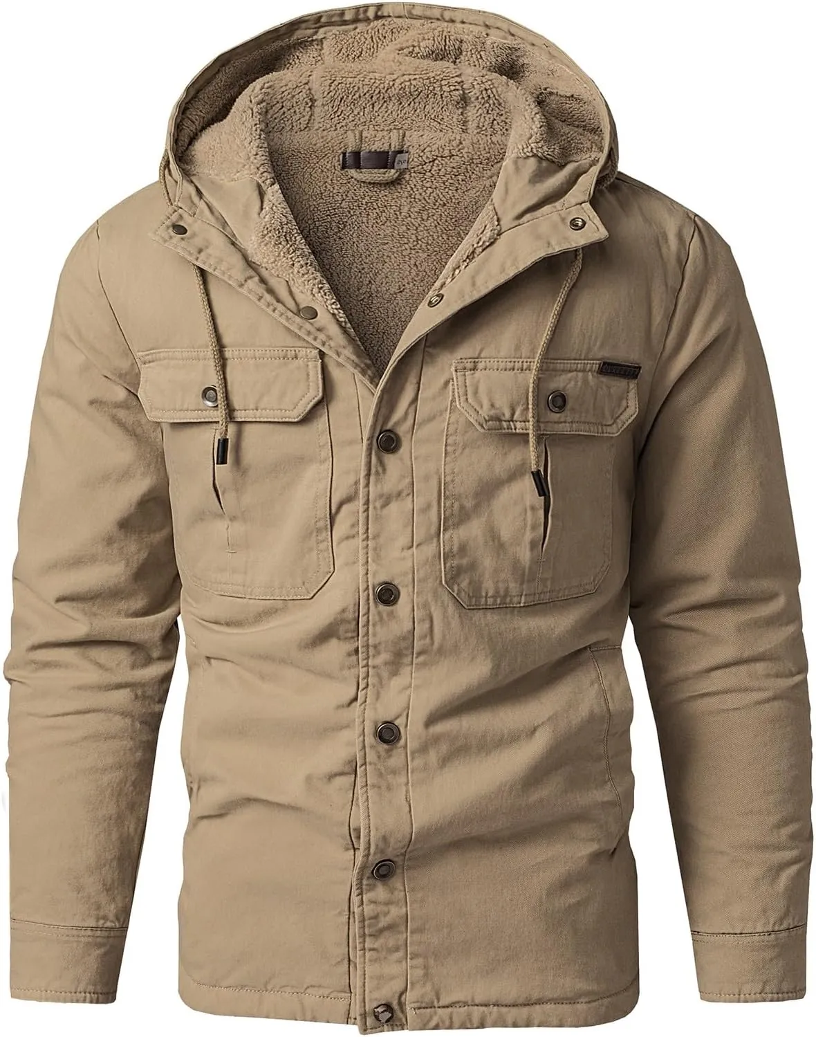 Thatrich Men's Sherpa Lined Jacket Fleece Hooded Coat Oversized Warm Jackets Button Down Coats Loose Overcoat Casual Outwears