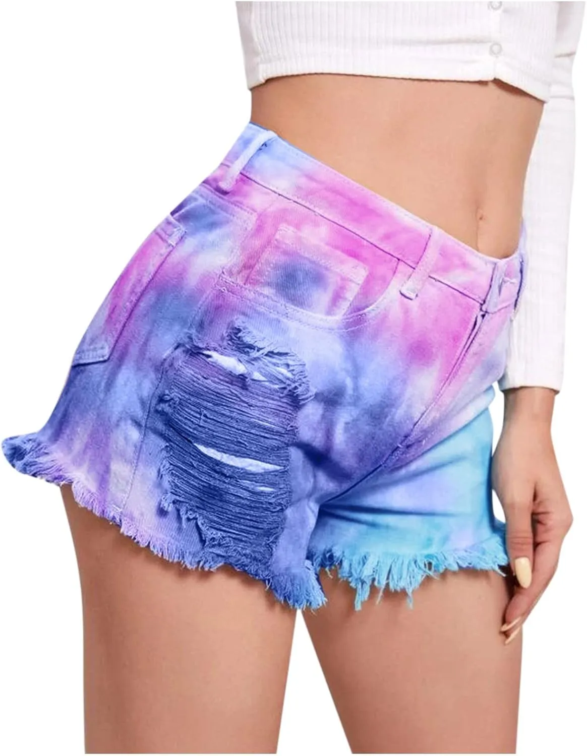 Tie-dye Denim Shorts for Womens Short Jeans Frayed Ripped Denim Shorts Hotpants High Waisted Cropped Jean Pant
