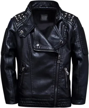 TLAENSON Boys Black Leather Jacket Studded Motorcycle Faux Leather Coat