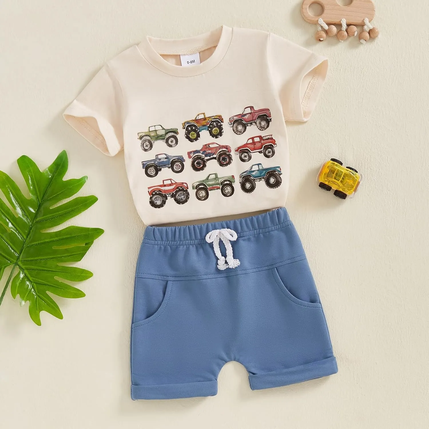 Toddler Baby Boy Summer Clothes Trucks Letters Short Sleeve T-shirt Top Elastic Waist Shorts Set Summer Outfit 2Pcs