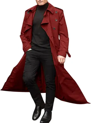 Trench Coat for Men Double Breasted Notched Lapel Men's Lengthened Casual Slim Fit Long Jacket Windbreaker Overcoats