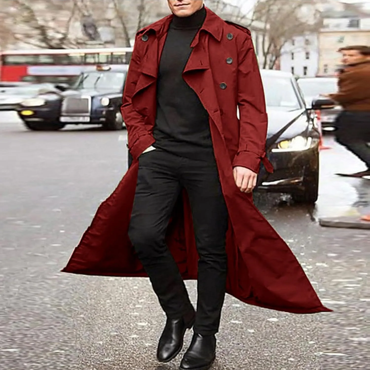 Trench Coat for Men Double Breasted Notched Lapel Men's Lengthened Casual Slim Fit Long Jacket Windbreaker Overcoats