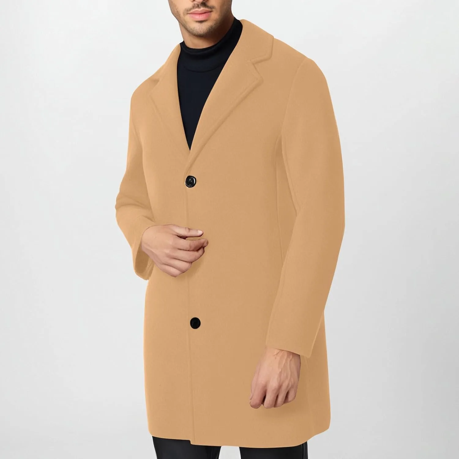 Trench Coat Men Long Wool Peacoat Plus Size Single Breasted Pea Coat Lapel Collar Casual Trench Coat with Pockets