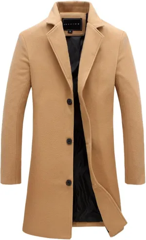 Trench Coat Men Long Wool Peacoat Plus Size Single Breasted Pea Coat Lapel Collar Casual Trench Coat with Pockets