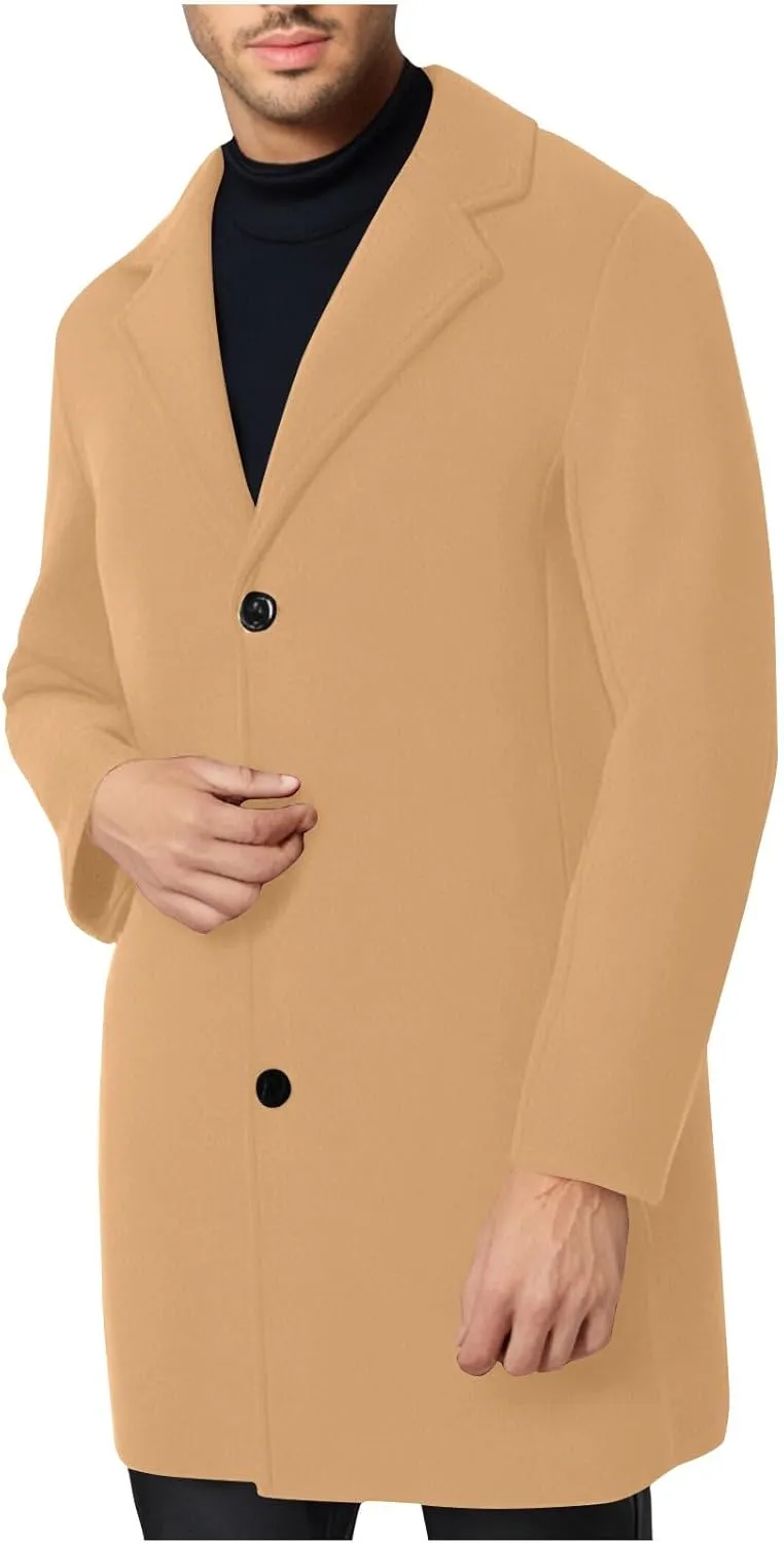 Trench Coat Men Long Wool Peacoat Plus Size Single Breasted Pea Coat Lapel Collar Casual Trench Coat with Pockets