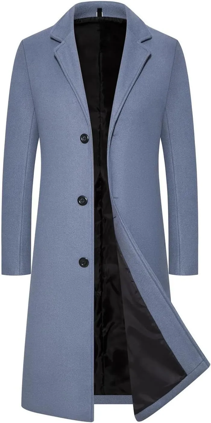 Trench Coat Men Long Wool Peacoat Plus Size Single Breasted Pea Coat Lapel Collar Casual Trench Coat with Pockets