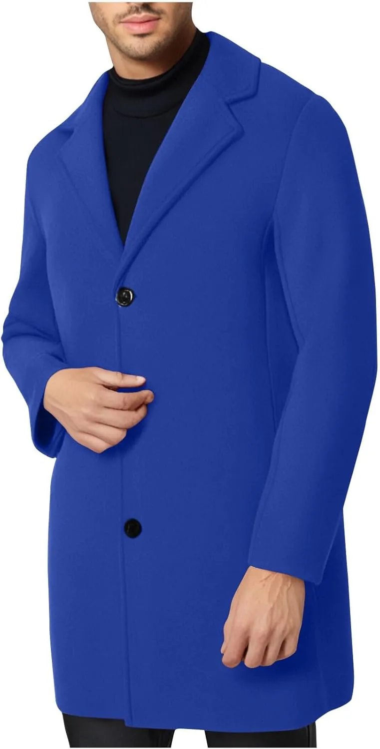 Trench Coat Men Long Wool Peacoat Plus Size Single Breasted Pea Coat Lapel Collar Casual Trench Coat with Pockets