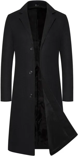 Trench Coat Men Long Wool Peacoat Plus Size Single Breasted Pea Coat Lapel Collar Casual Trench Coat with Pockets