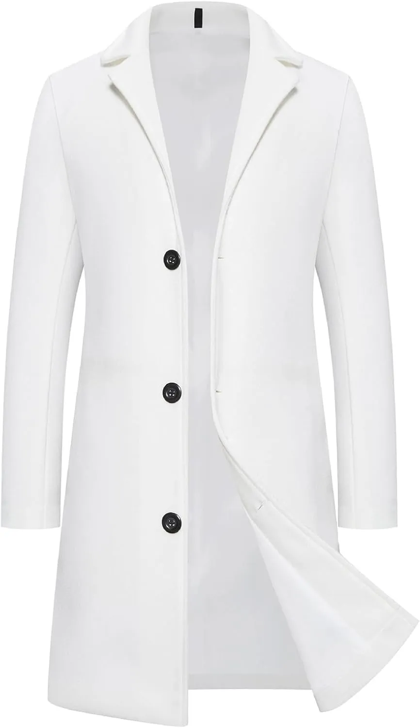 Trench Coat Men Long Wool Peacoat Plus Size Single Breasted Pea Coat Lapel Collar Casual Trench Coat with Pockets