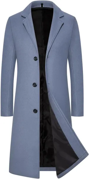 Trench Coat Men Long Wool Peacoat Plus Size Single Breasted Pea Coat Lapel Collar Casual Trench Coat with Pockets