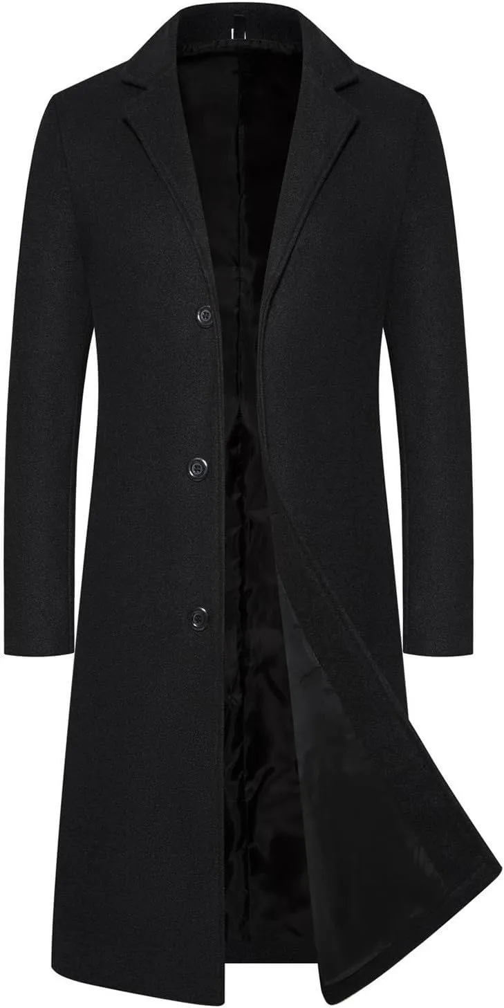 Trench Coat Men Long Wool Peacoat Plus Size Single Breasted Pea Coat Lapel Collar Casual Trench Coat with Pockets