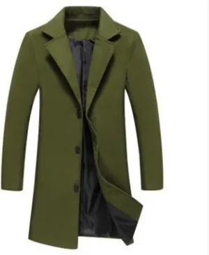 Trench Coat Men Long Wool Peacoat Plus Size Single Breasted Pea Coat Lapel Collar Casual Trench Coat with Pockets