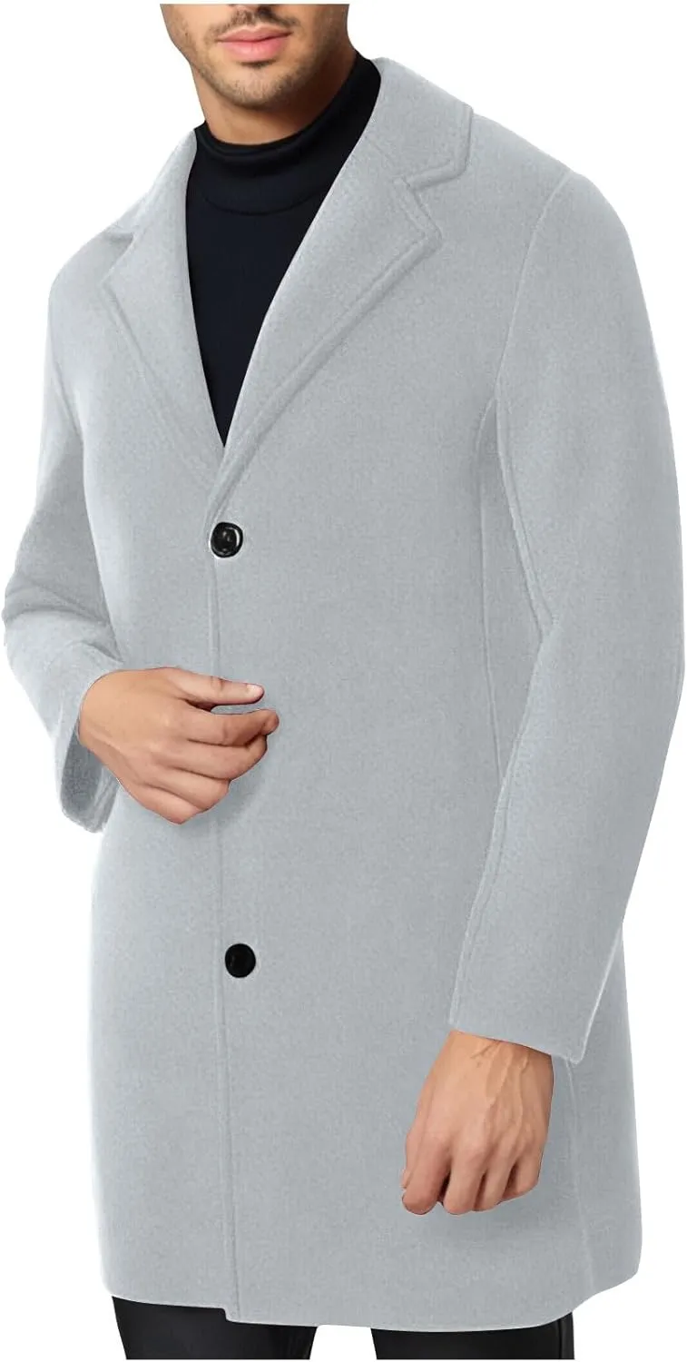 Trench Coat Men Single Breasted Wool Blend Coat Mid Length Pea Coat Notch Lapel Jacket Business Casual Overcoat