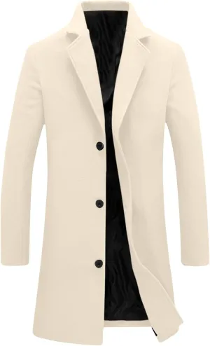 Trench Coat Men Single Breasted Wool Blend Coat Mid Length Pea Coat Notch Lapel Jacket Business Casual Overcoat