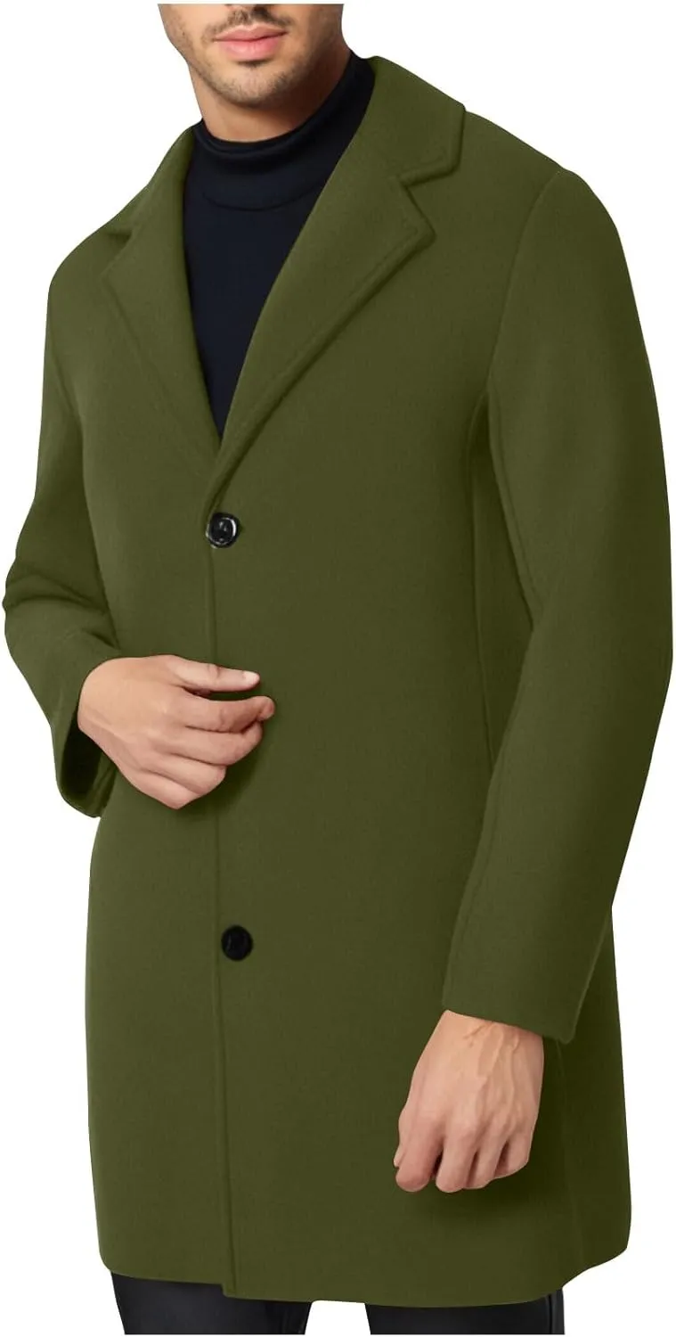 Trench Coat Men Single Breasted Wool Blend Coat Mid Length Pea Coat Notch Lapel Jacket Business Casual Overcoat