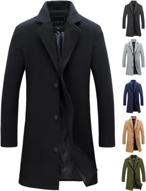 Trench Coat Men Single Breasted Wool Blend Coat Mid Length Pea Coat Notch Lapel Jacket Business Casual Overcoat