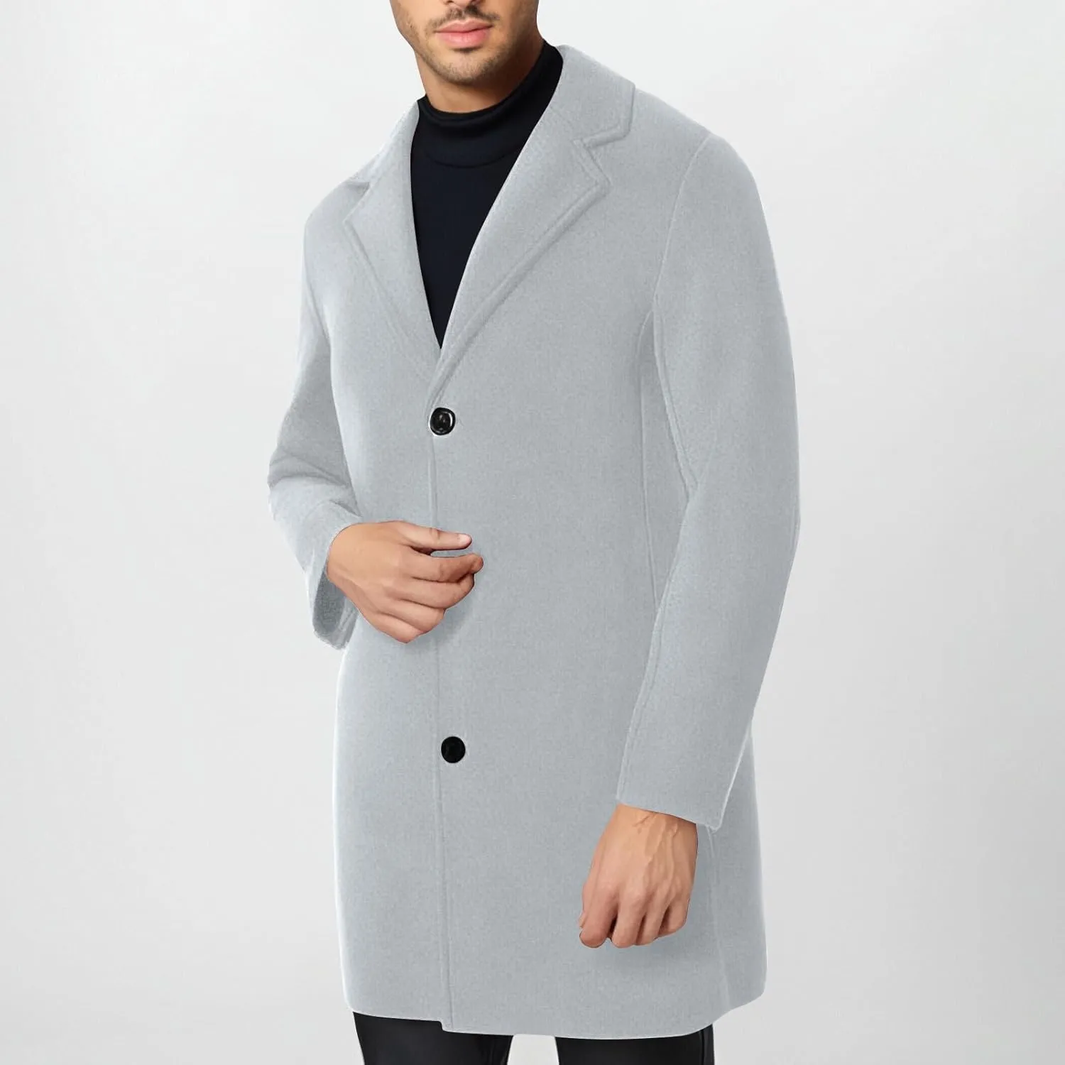 Trench Coat Men Single Breasted Wool Blend Coat Mid Length Pea Coat Notch Lapel Jacket Business Casual Overcoat