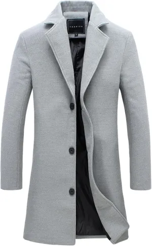 Trench Coat Men Single Breasted Wool Blend Coat Mid Length Pea Coat Notch Lapel Jacket Business Casual Overcoat
