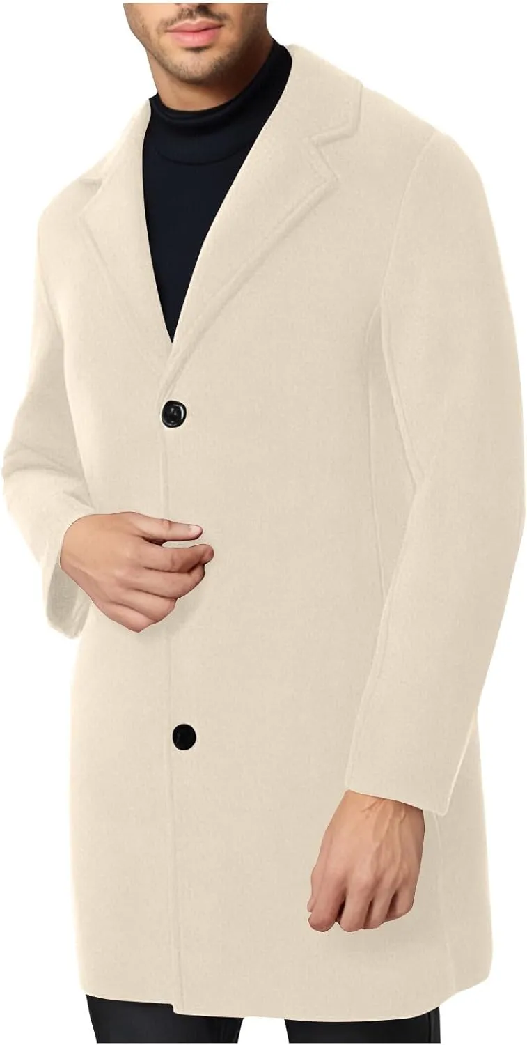 Trench Coat Men Single Breasted Wool Blend Coat Mid Length Pea Coat Notch Lapel Jacket Business Casual Overcoat