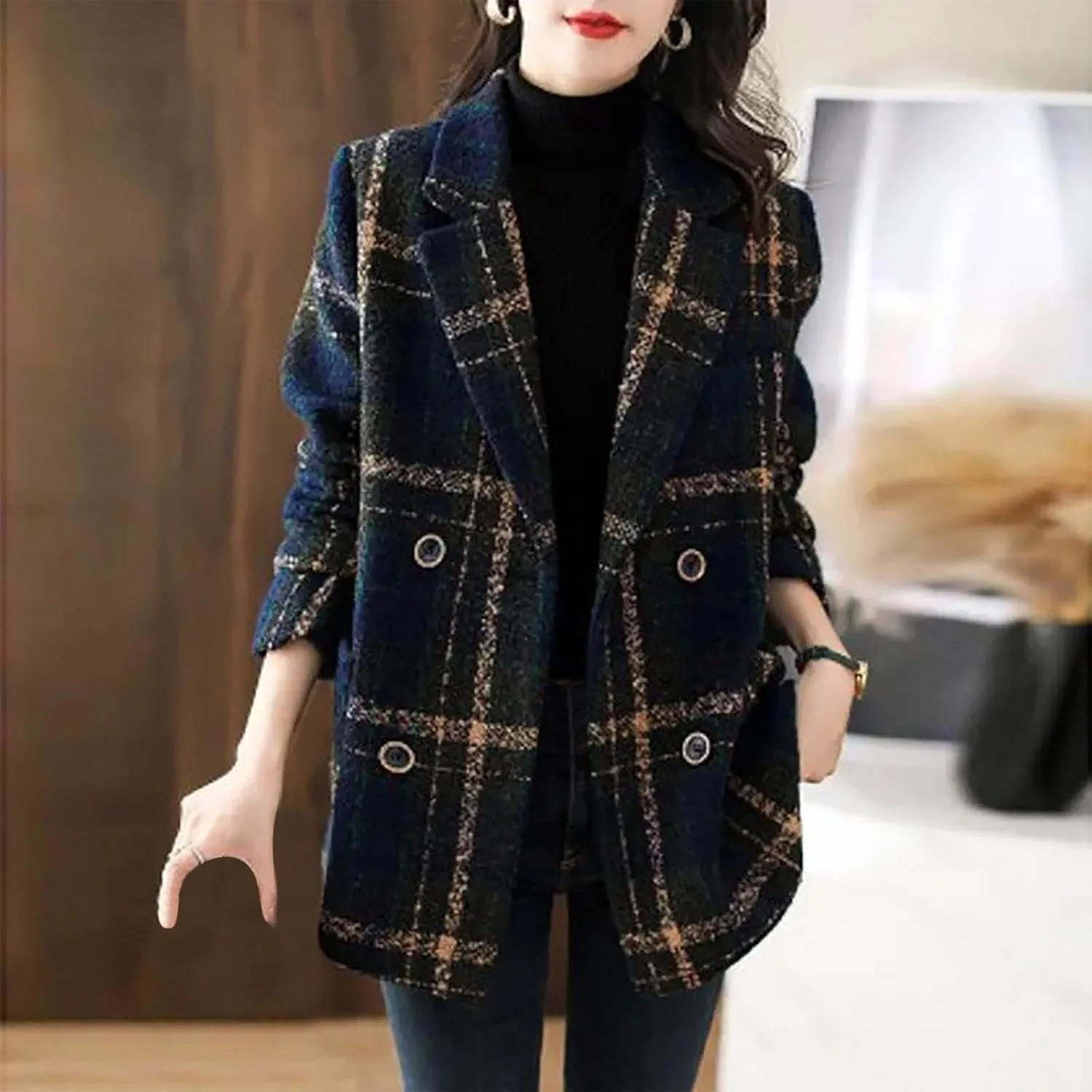 Trench Coat Women Plaid Single Breasted Coat Lapel Pea Coat Plus Size Wool Blend Coats Dressy Casual Jackets