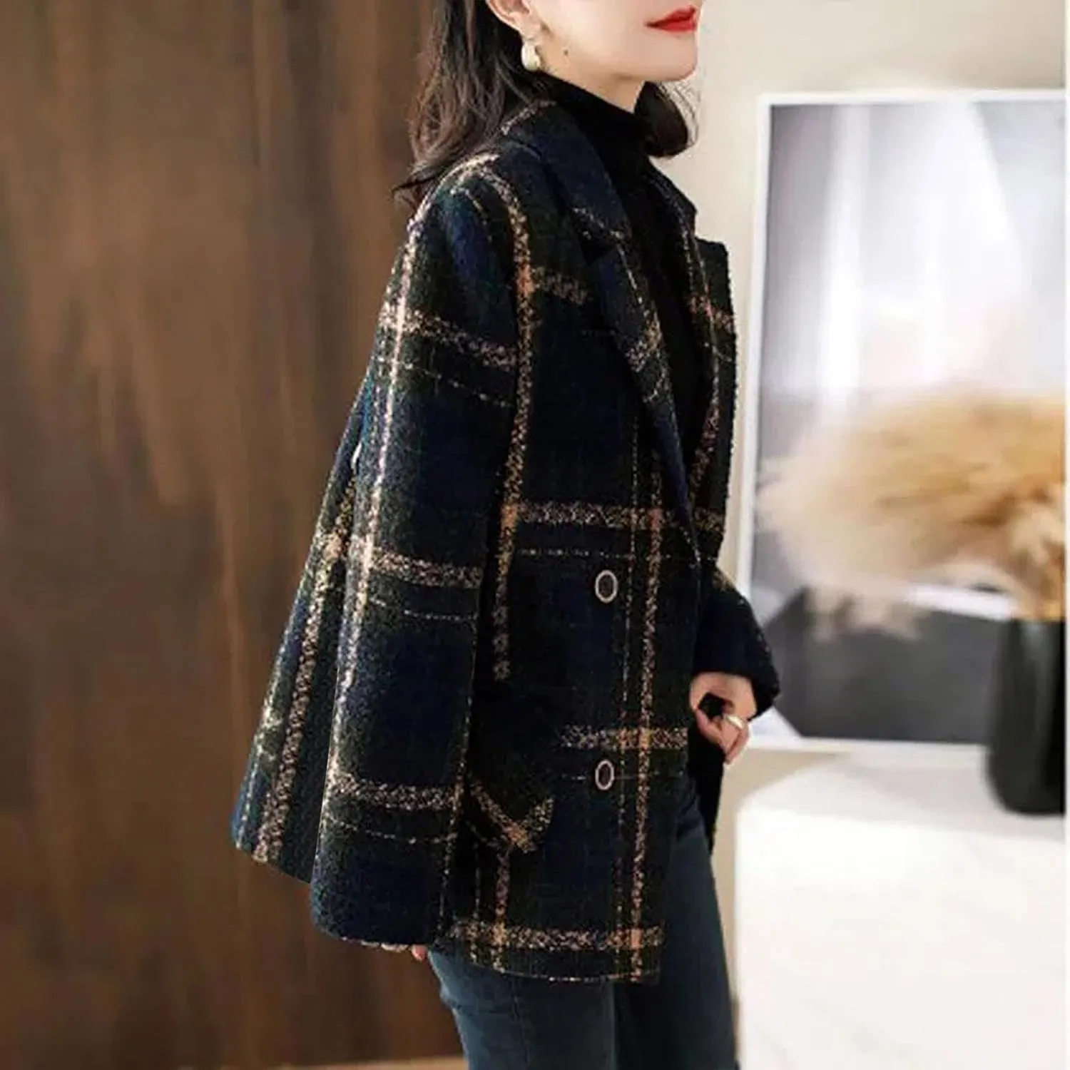 Trench Coat Women Plaid Single Breasted Coat Lapel Pea Coat Plus Size Wool Blend Coats Dressy Casual Jackets