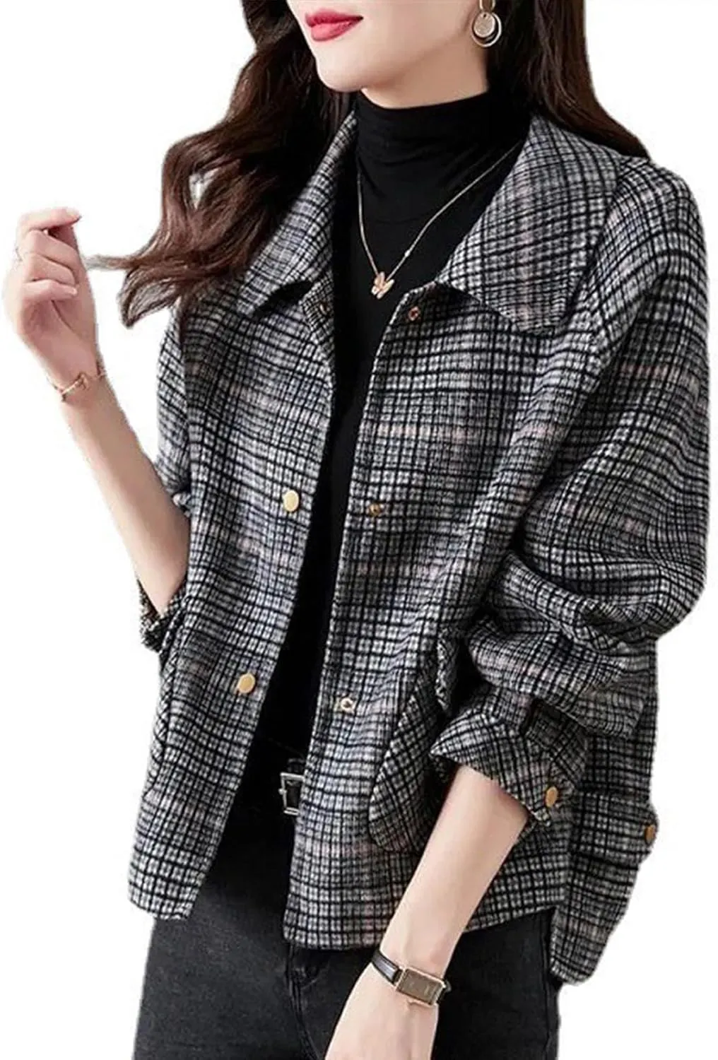 Trench Coat Women Plaid Single Breasted Coat Lapel Pea Coat Plus Size Wool Blend Coats Dressy Casual Jackets