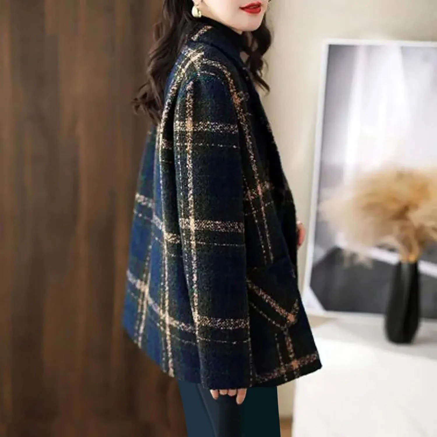 Trench Coat Women Plaid Single Breasted Coat Lapel Pea Coat Plus Size Wool Blend Coats Dressy Casual Jackets
