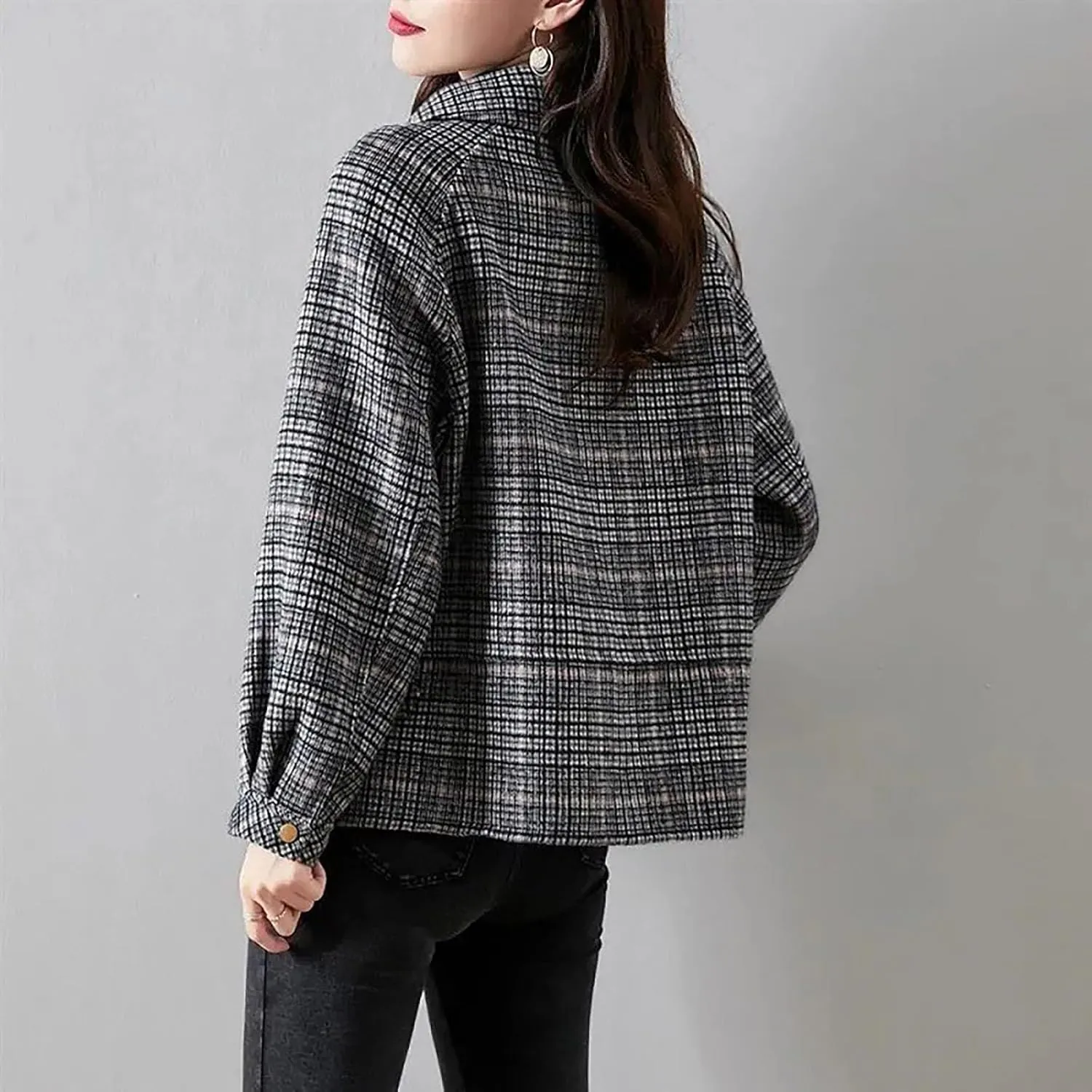 Trench Coat Women Plaid Single Breasted Coat Lapel Pea Coat Plus Size Wool Blend Coats Dressy Casual Jackets