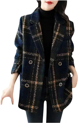 Trench Coat Women Plaid Single Breasted Coat Lapel Pea Coat Plus Size Wool Blend Coats Dressy Casual Jackets