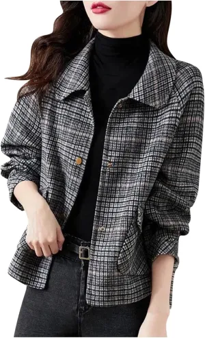 Trench Coat Women Plaid Single Breasted Coat Lapel Pea Coat Plus Size Wool Blend Coats Dressy Casual Jackets