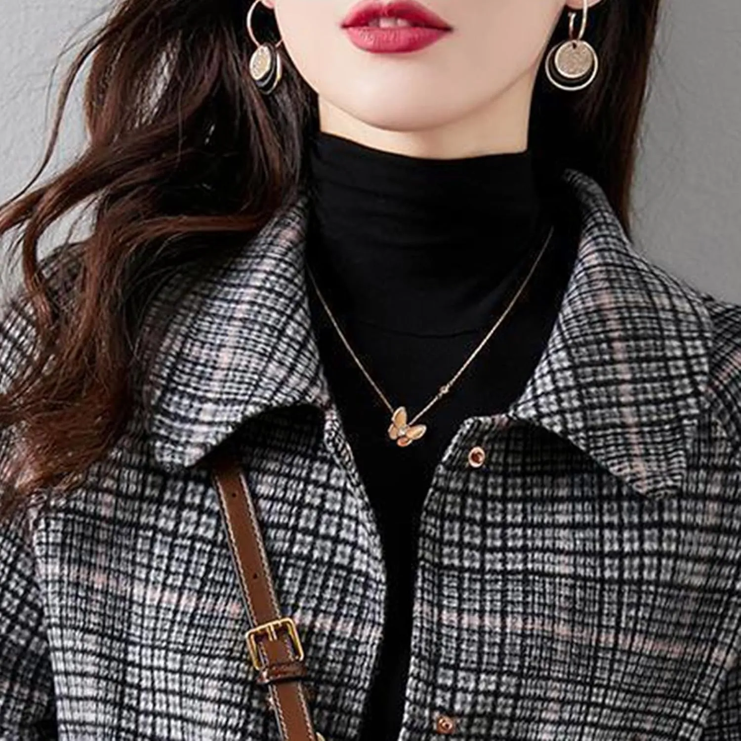 Trench Coat Women Plaid Single Breasted Coat Lapel Pea Coat Plus Size Wool Blend Coats Dressy Casual Jackets