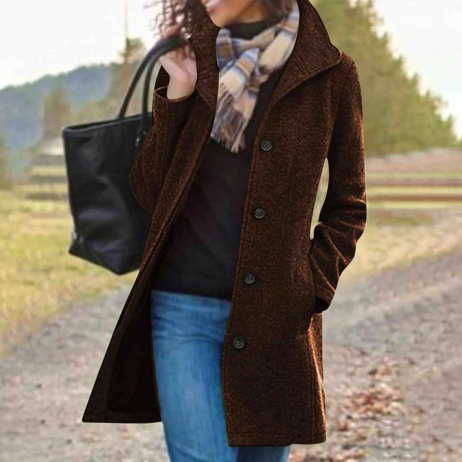 Trench Coat Women Single Breasted Long Coat Wool Blend Peacoat Plus Size Dressy Jackets Casual Fall Winter Coats