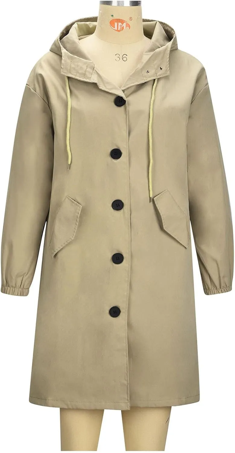 Trench Coats Women Plus Size Rain Jacket Long Anorak Jackets Oversized Hooded Waterproof Windbreaker Button Outerwear