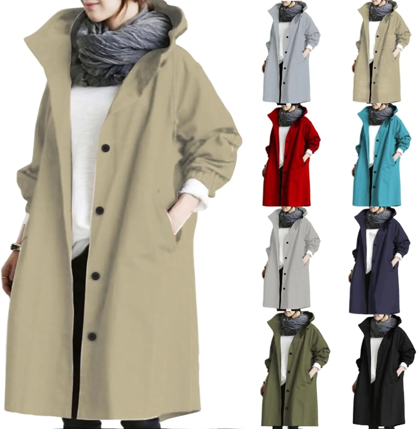 Trench Coats Women Plus Size Rain Jacket Long Anorak Jackets Oversized Hooded Waterproof Windbreaker Button Outerwear