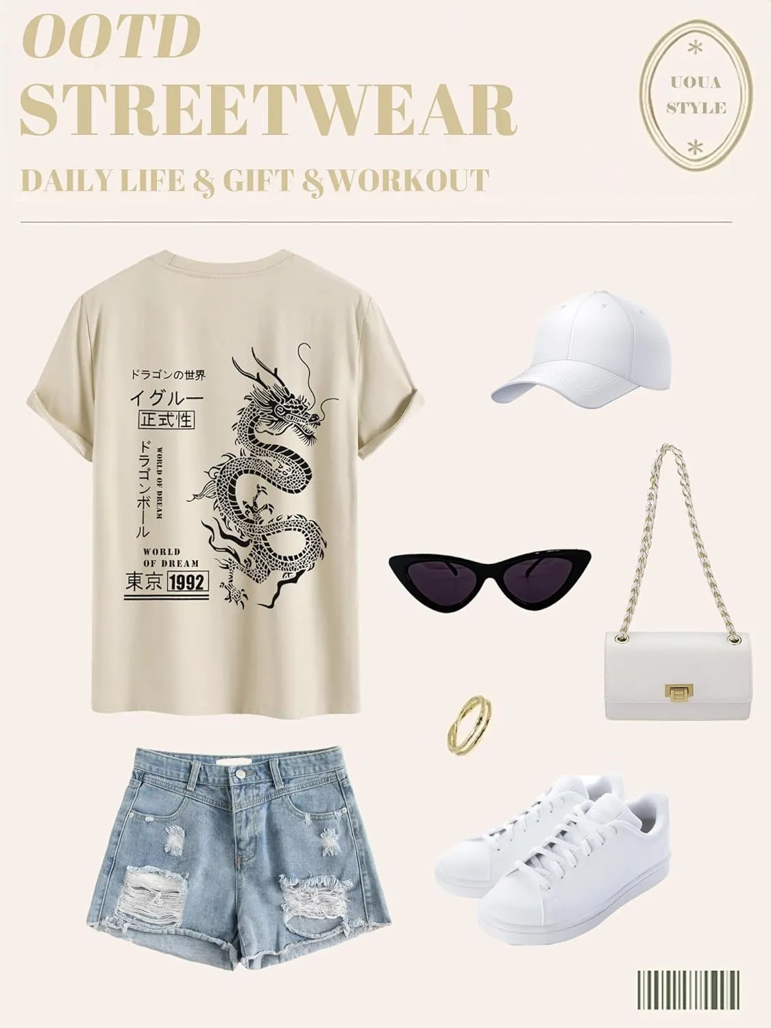 UOUA Women Oversized Graphic T-Shirt Casual Cotton Tees Printed Summer Tops