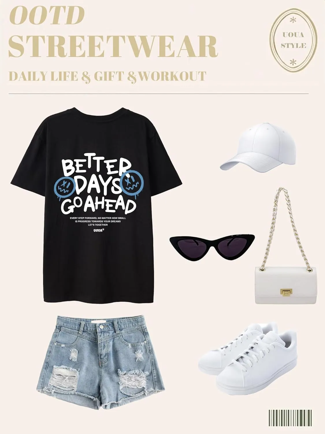 UOUA Women Oversized Graphic T-Shirt Casual Cotton Tees Printed Summer Tops
