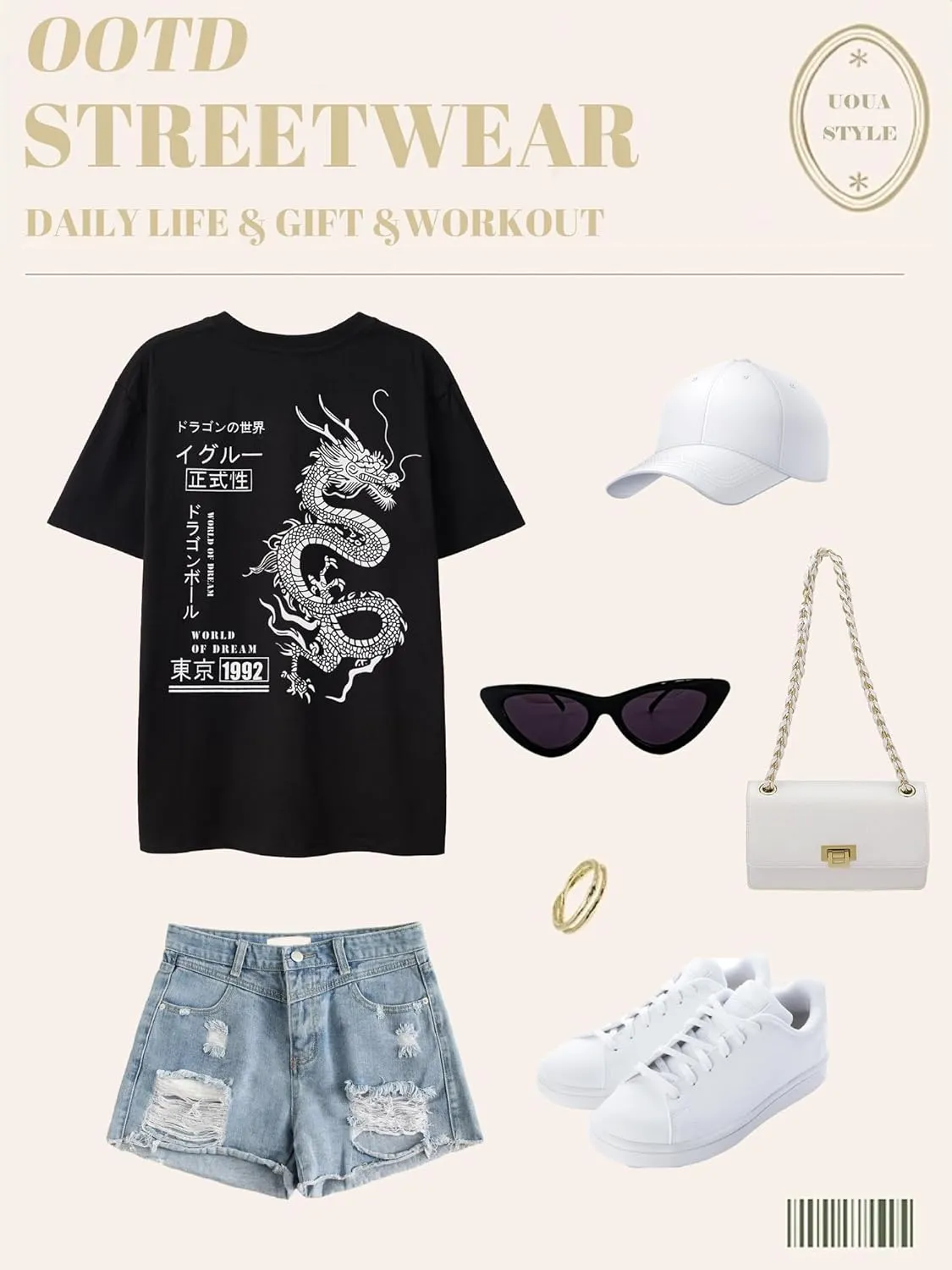 UOUA Women Oversized Graphic T-Shirt Casual Cotton Tees Printed Summer Tops