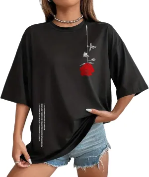 UOUA Women Oversized Graphic T-Shirt Casual Cotton Tees Printed Summer Tops
