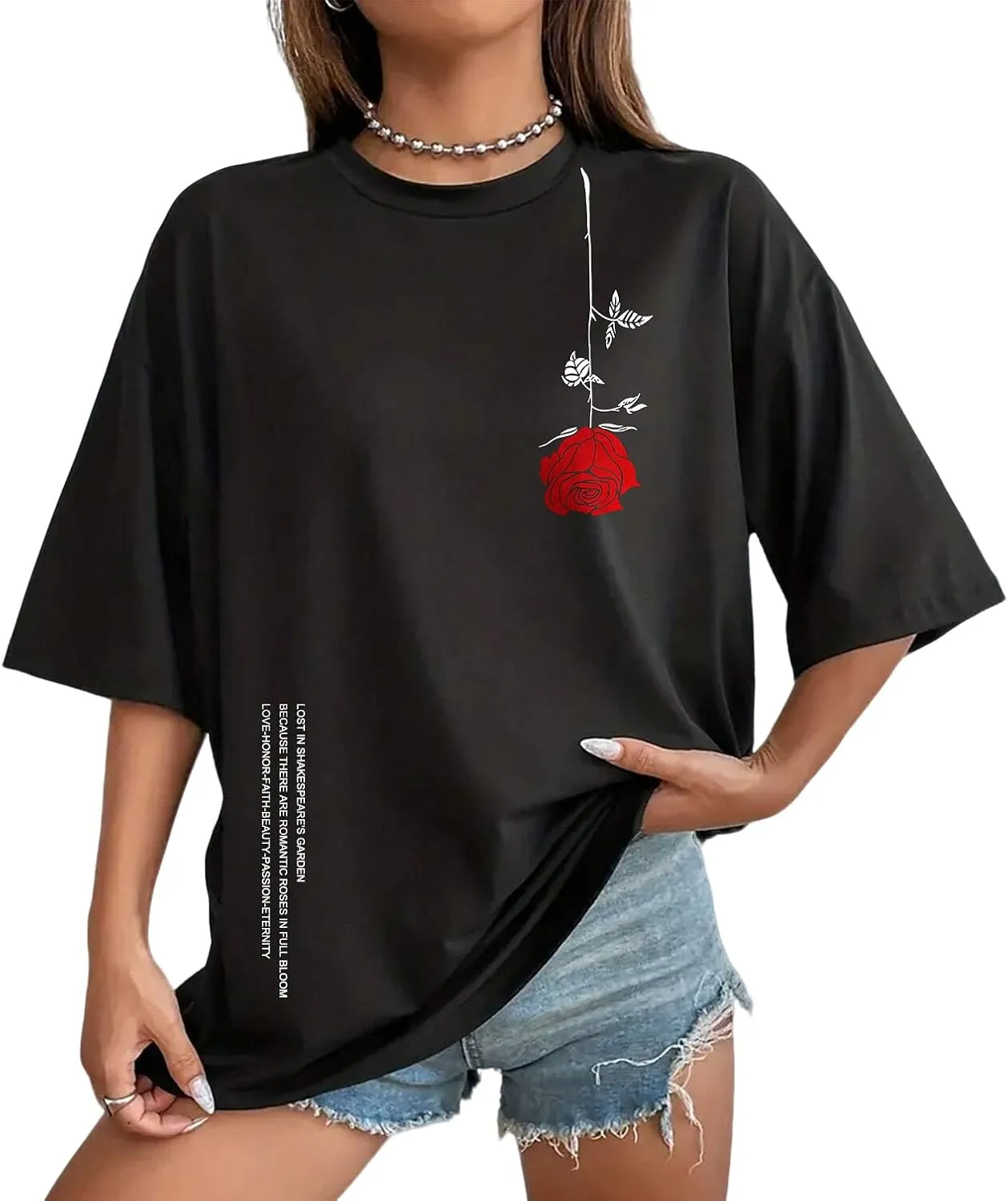 UOUA Women Oversized Graphic T-Shirt Casual Cotton Tees Printed Summer Tops